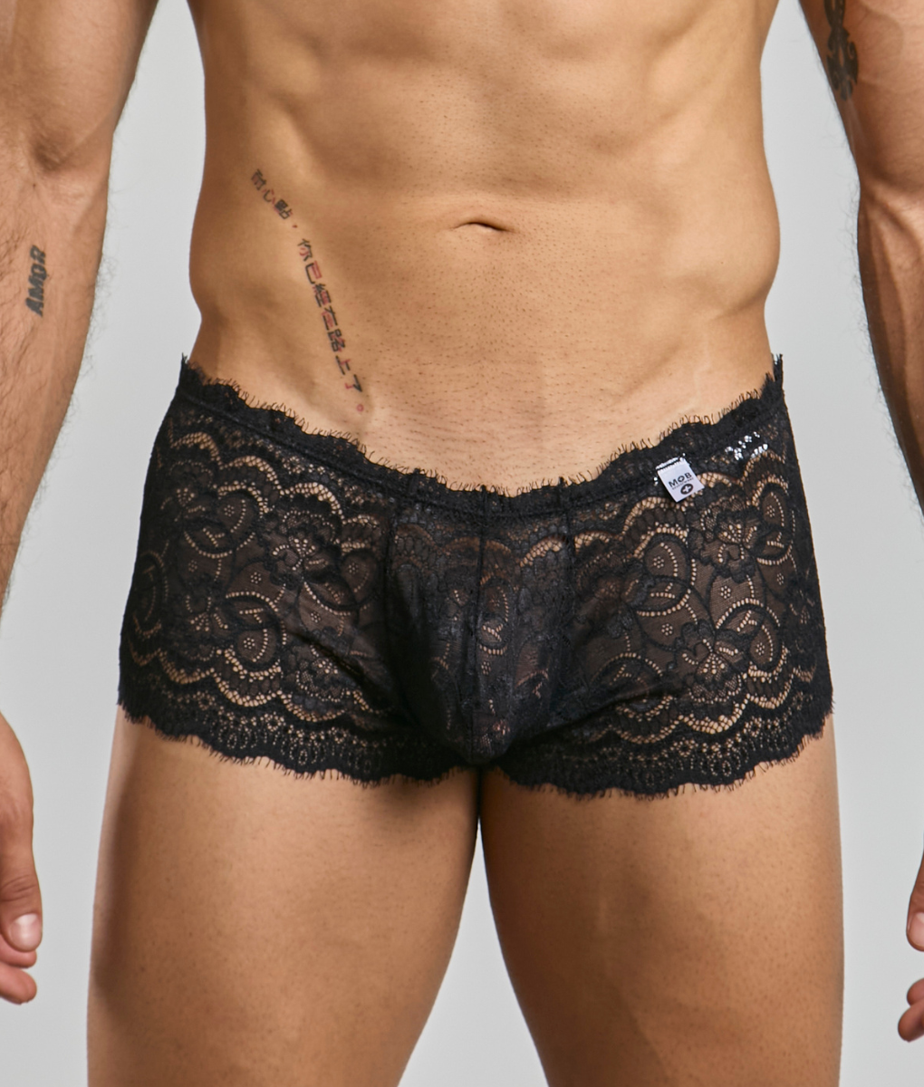 Black lace boxer short rose men’s underwear with intricate floral patterns and delicate frayed hem front view