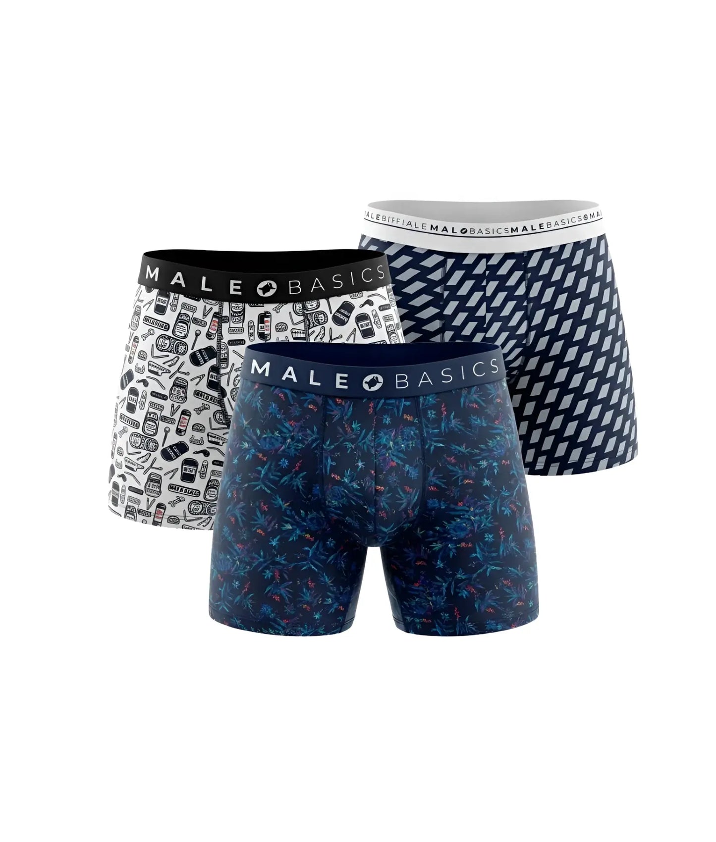 Three-pack male basics boxer briefs bundle with white retro tech, navy floral, and dark blue geometric designs