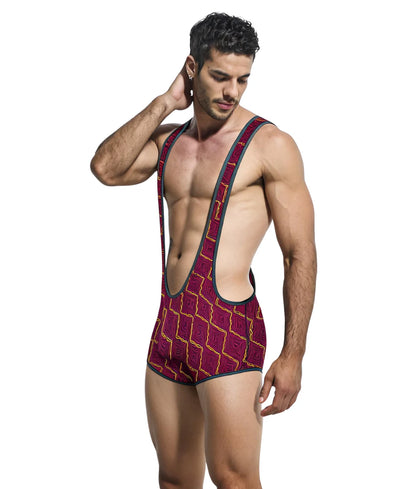 A maroon and gold patterned men’s wrestling singlet with black trim designed for competitive wrestling called mob singlet