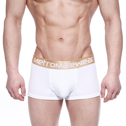 White mens boxer briefs with a gold waistband featuring the metromalewear logo in metro malewear body boxer brief white 1023-00