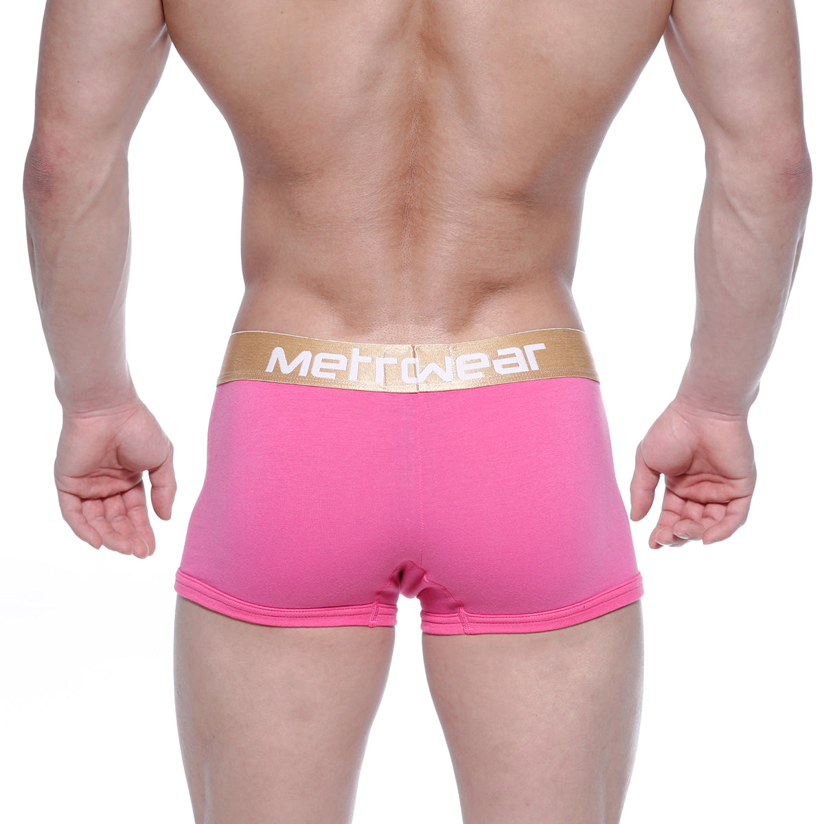MetroMaleWear body boxer brief pink 1023-02 with gold waistband featuring white lettering in pink mettwear style