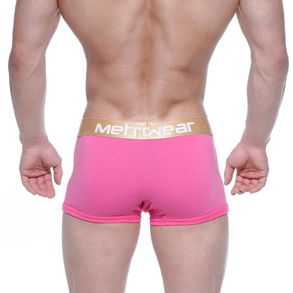 MetroMaleWear body boxer brief pink 1023-02 with gold waistband featuring white lettering in pink mettwear style