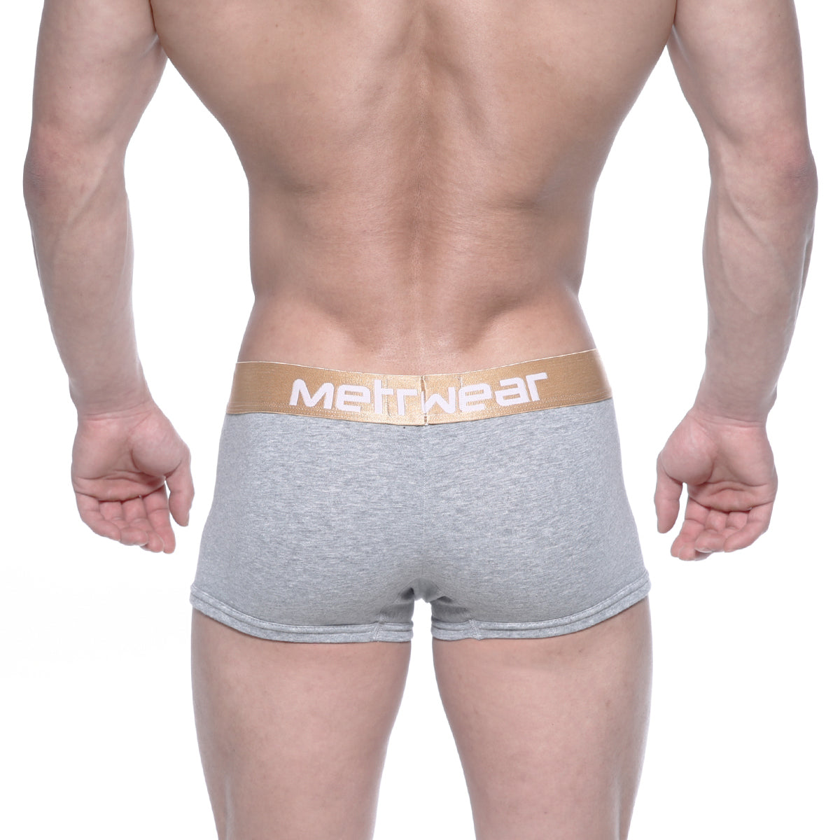 MetroMaleWear body boxer brief gray heathered with gold waistband and metwear logo in white lettering