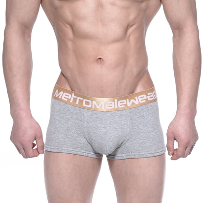 MetroMaleWear body boxer brief gray heathered with gold elastic waistband and white metromalewear logo
