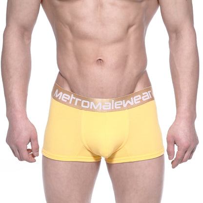 Yellow MetroMaleWear body boxer brief with tan waistband and white logo suitable for everyday wear