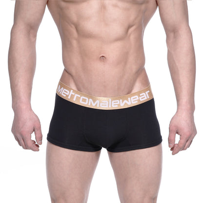 Black metroMaleWear body boxer briefs 1023-20 with gold elastic waistband and white logo lettering