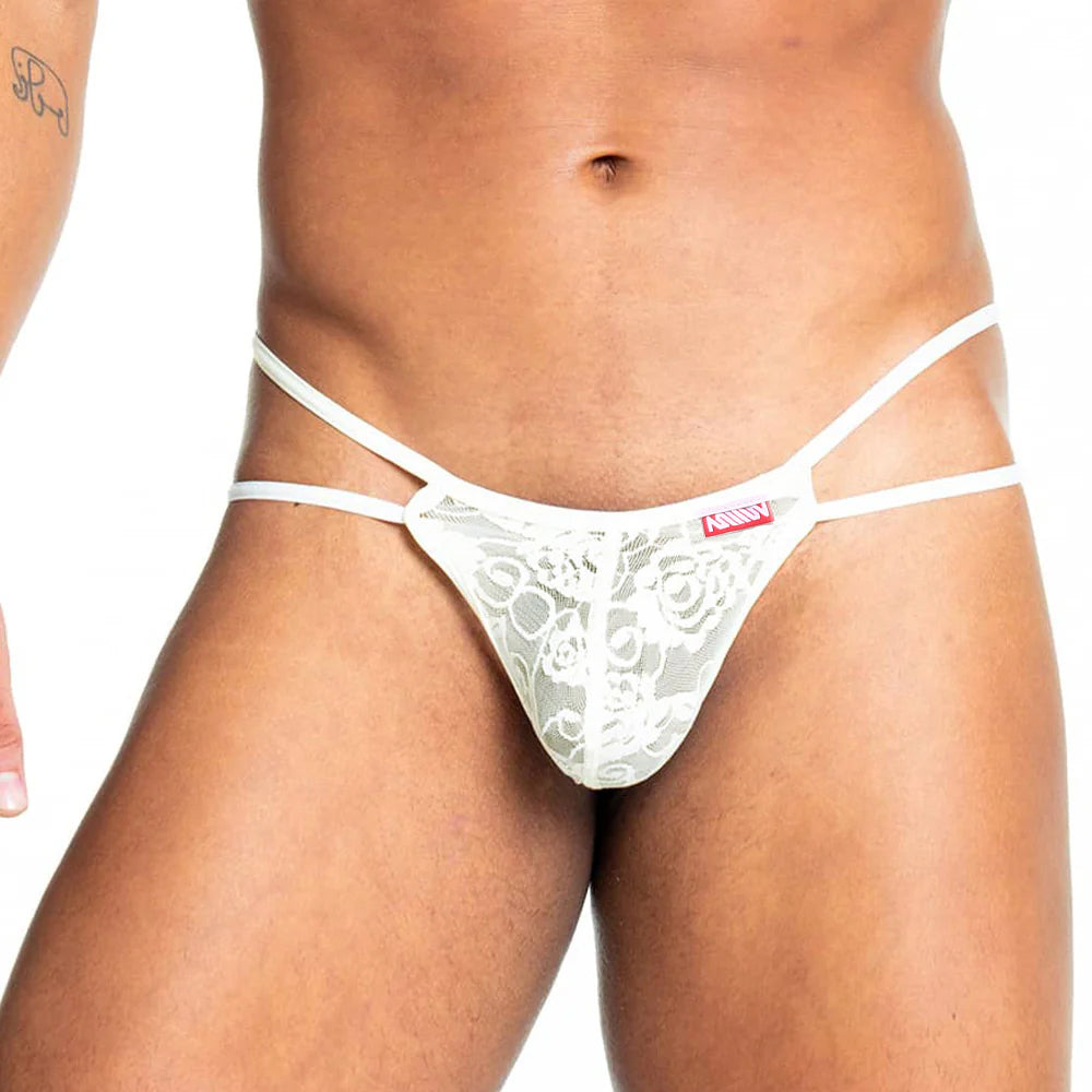 White lace thong with thin straps and a red brand tag MetroMaleWear Francisco G-String white 1025-00 front view