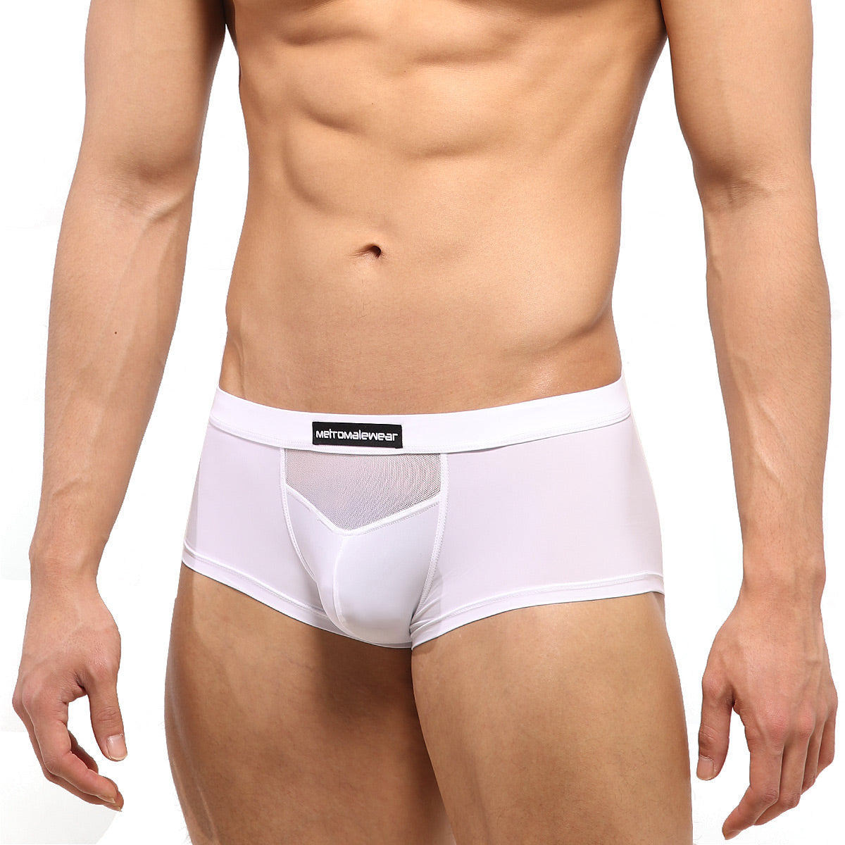 Metro male wear escondido hip trunk white men’s briefs with mesh panel and elastic waistband front view