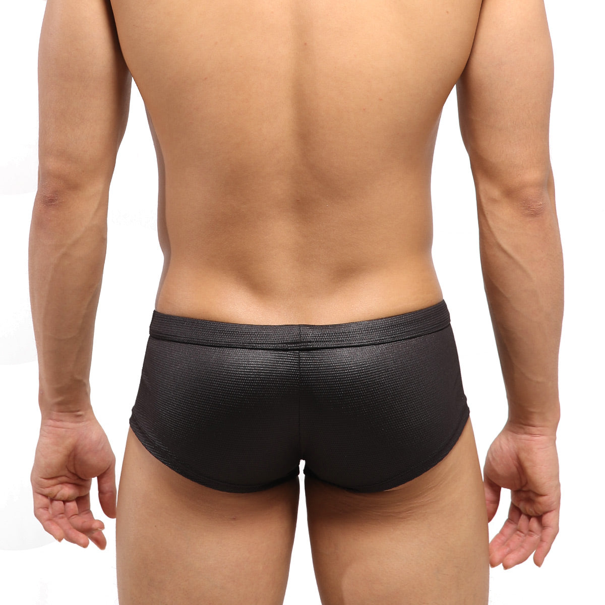 MetroMaleWear Escondido hip trunk metal black snug fit swim trunks with elastic waistband and textured fabric