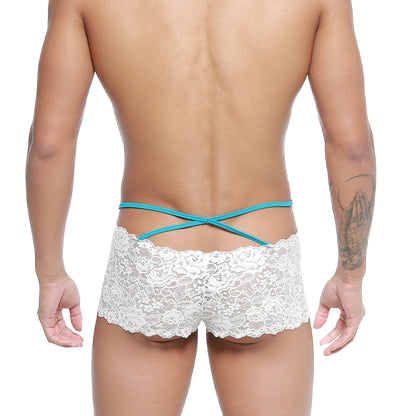 White lace men’s briefs with turquoise cross-back straps shown from the back metroMalewear molino trunk white 1034-00