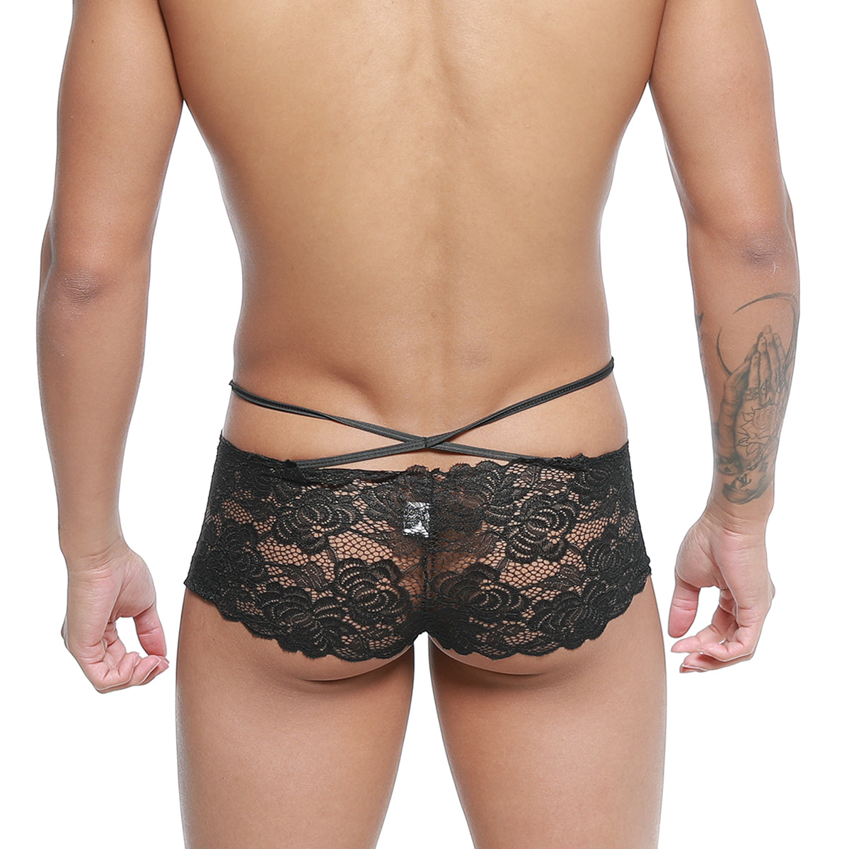 Black lace briefs with crisscross back strap design shown from the back metro male wear molino trunk black 1034-20