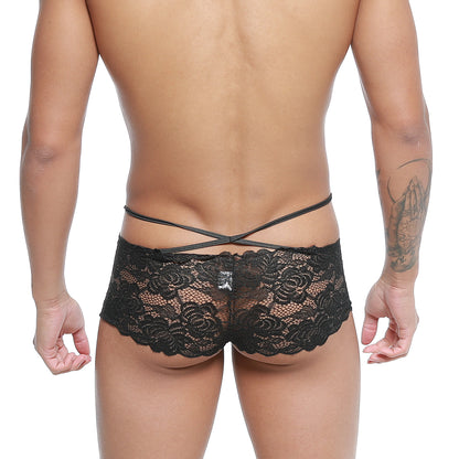 Black lace briefs with crisscross back strap design shown from the back metro male wear molino trunk black 1034-20
