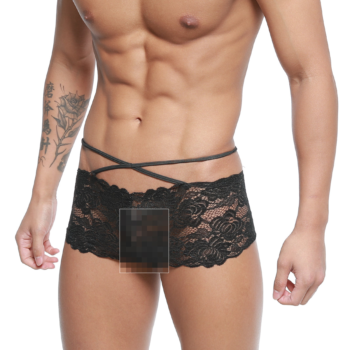 Black lace underwear with crisscross elastic straps by MetroMaleWear Molino trunk black 1034-20 showing front view