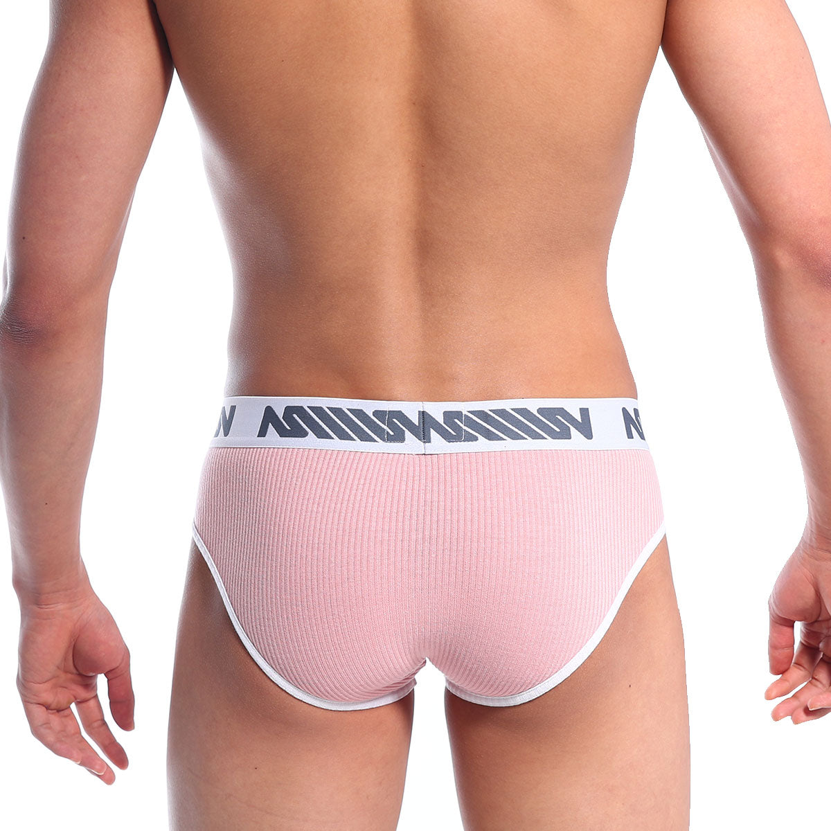 Pink metro malewear classic ribbed briefs with white waistband and gray logo pattern in marshmallow pink