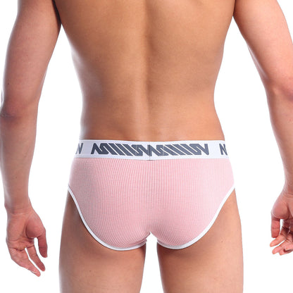 Pink metro malewear classic ribbed briefs with white waistband and gray logo pattern in marshmallow pink