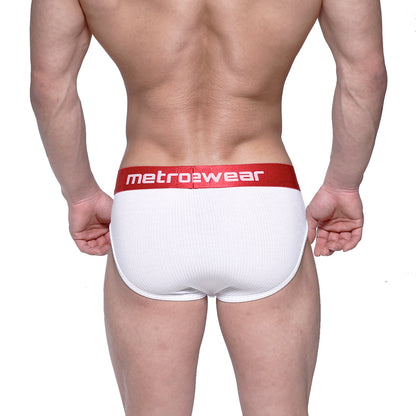 White ribbed briefs with a red waistband featuring the metro2wear logo metroMalewear classic ribbed brief red 1103-02