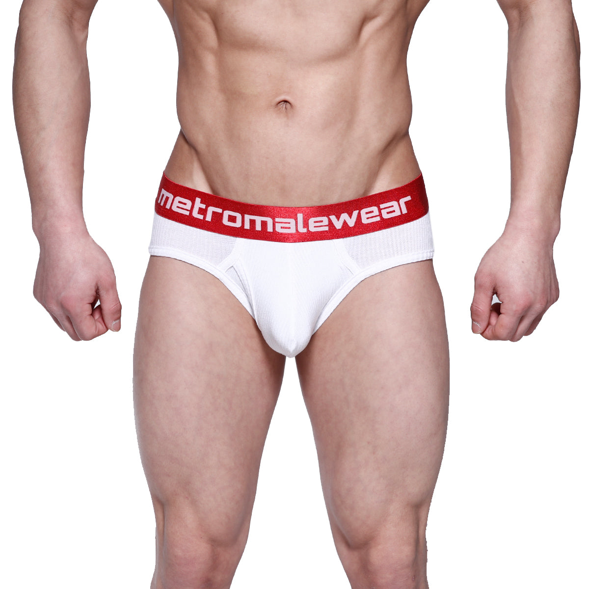 White men’s classic ribbed briefs with red elastic waistband featuring metromalewear logo in white lettering