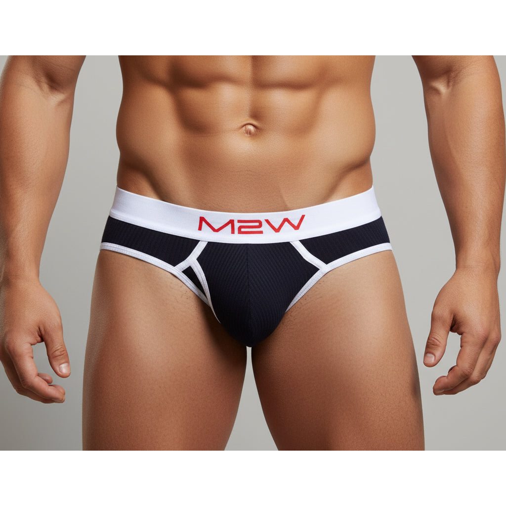 MetroMaleWear bold ribbed black briefs with red lettering on the waistband featuring m2w branding