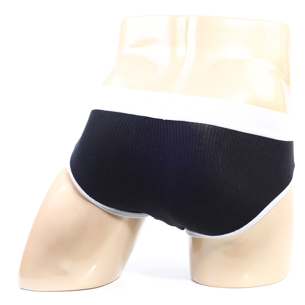 Black briefs with white trim in ribbed fabric displayed on a mannequin metroMaleWear bold ribbed brief black 1103-05