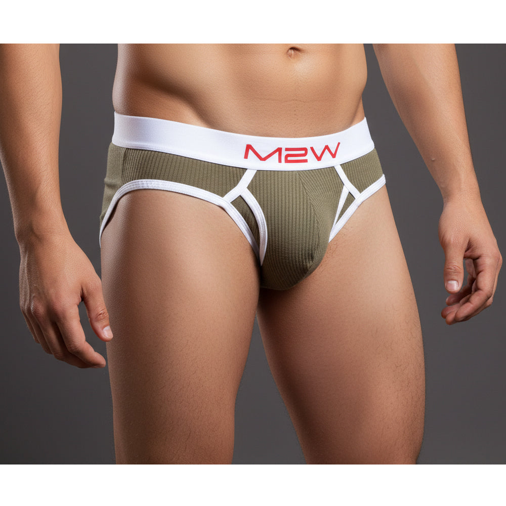 MetroMaleWear bold ribbed brief green olive striped mens underwear with white waistband and red m2w logo