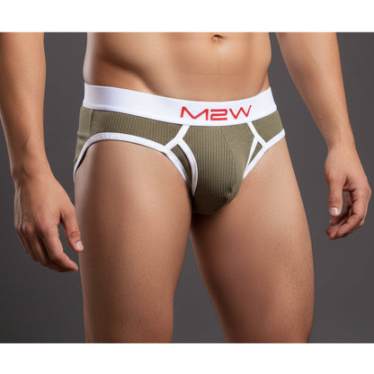MetroMaleWear bold ribbed brief green olive striped mens underwear with white waistband and red m2w logo