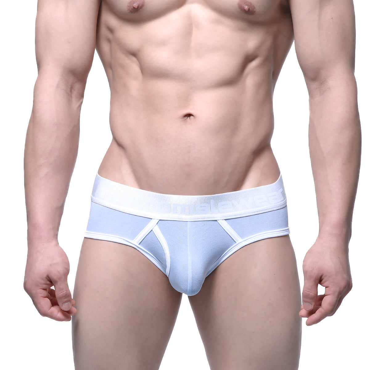Light blue MetroMaleWear Duke brief men’s underwear with white trim and subtle logo waistband in soft fabric