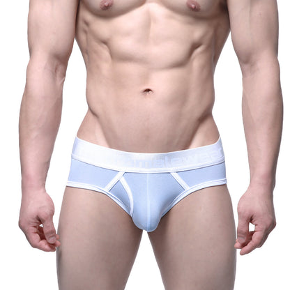 Light blue MetroMaleWear Duke brief men’s underwear with white trim and subtle logo waistband in soft fabric