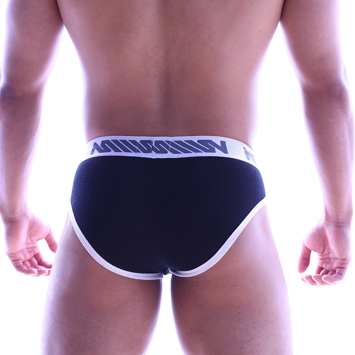 Metro male wear classic ribbed brief black 1103-20 with white trim and blue logo on waistband for comfortable support