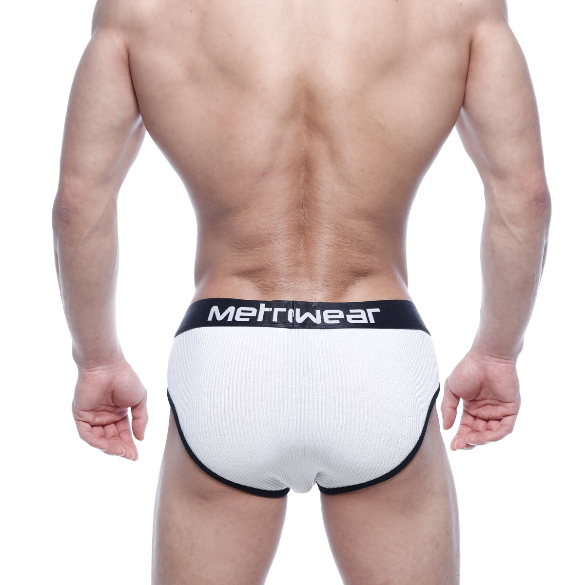 MetroMaleWear classic ribbed brief in white with black trim and waistband featuring the metrwear logo