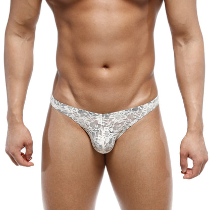 White lace thong with floral pattern from metromalewear net bikini lace nude 1104-01 collection