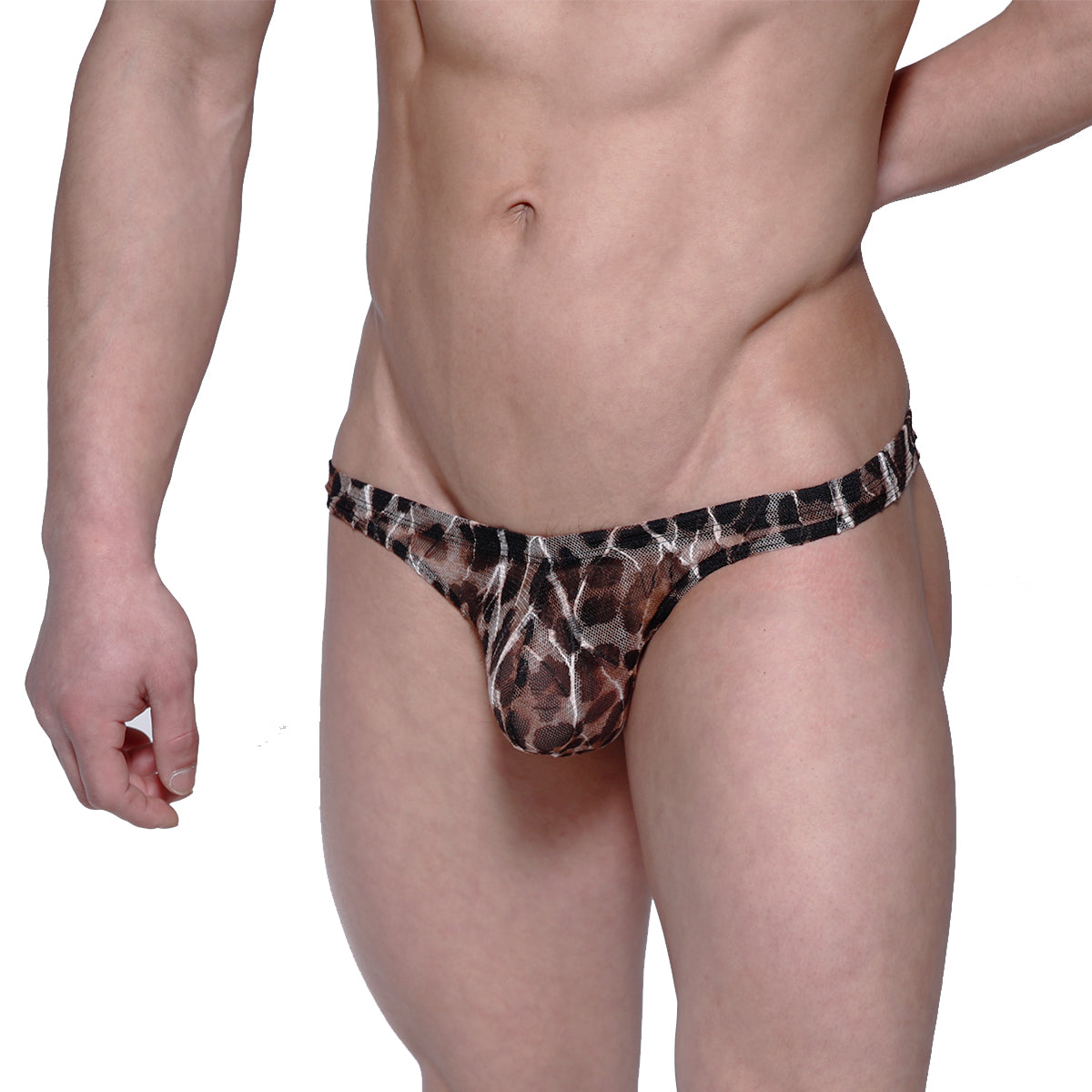 MetroMaleWear net g leopard 1122-60 sheer leopard print thong in black and brown mesh fabric shown from the back side