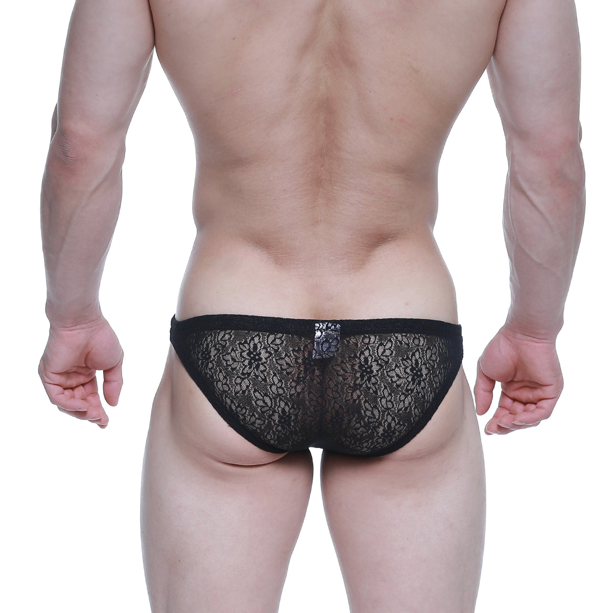MetroMaleWear net bikini lace black briefs with delicate floral lace pattern and solid waistband front view