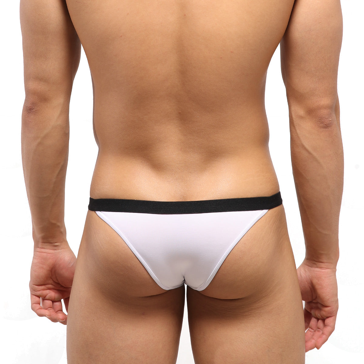 Metro malewear avantgarde bikini white thong with black waistband front view in soft stretch fabric