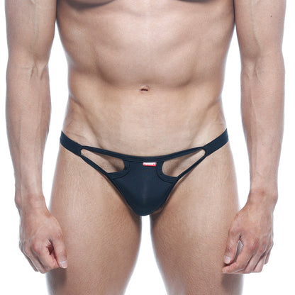 Black form-fitting MetroMaleWear Avant-garde bikini thong with sleek modern design and cut-out detailing visible from back