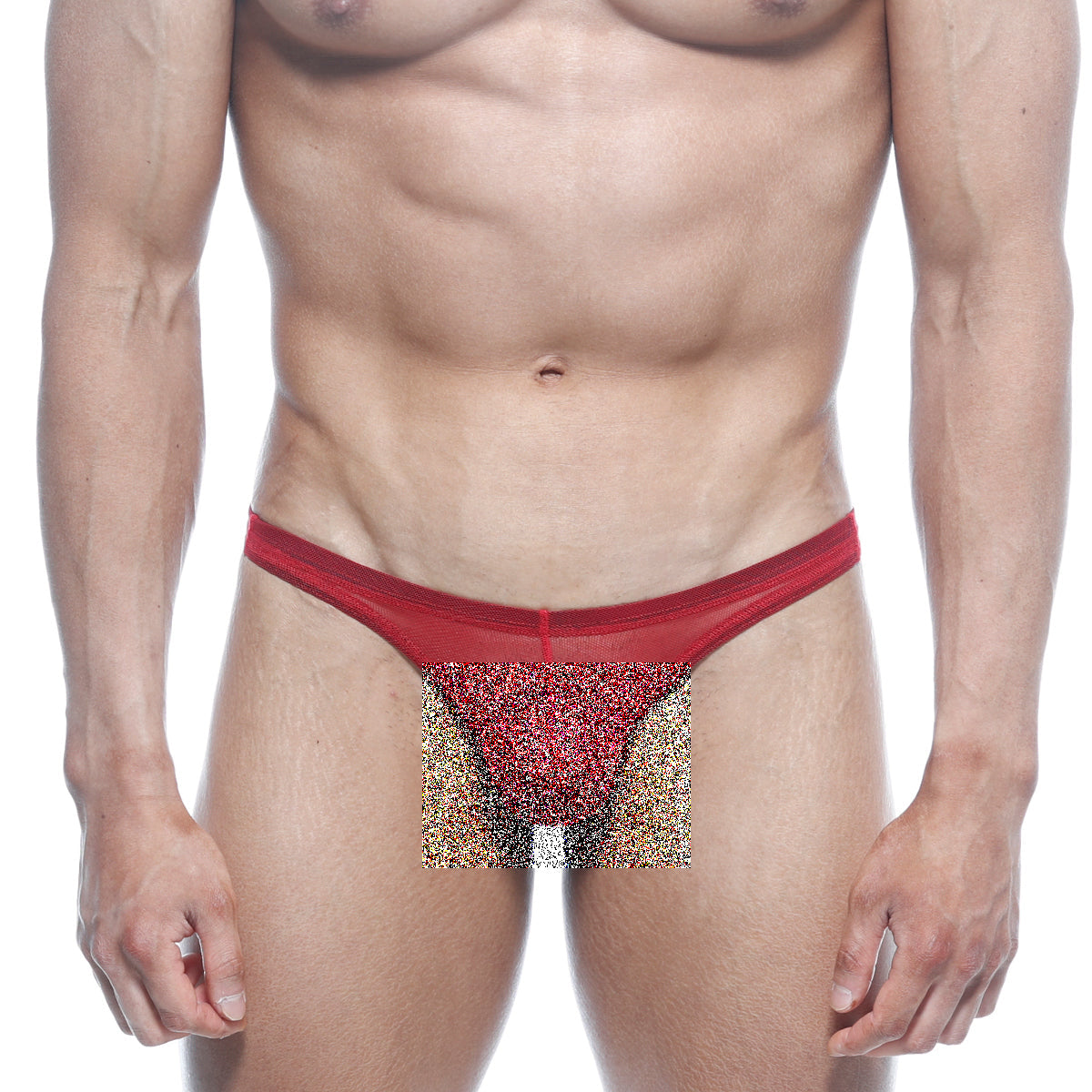Red mesh thong with a glittery textured center panel from MetroMaleWear net g red 1122-12 product collection