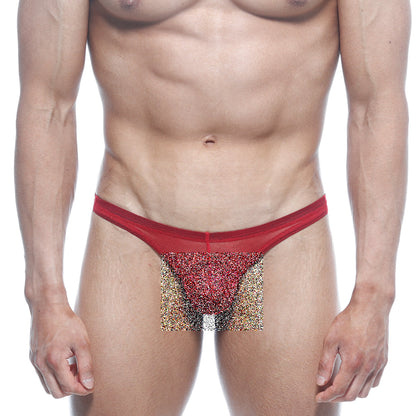 Red mesh thong with a glittery textured center panel from MetroMaleWear net g red 1122-12 product collection