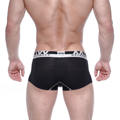 Black mens briefs with white metroman waistband made of textured modal fabric from metro male wear seamless trunk line