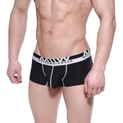 Black mens briefs with white elastic metromalewear waistband, geometric patterns, and silver stitched seams modal trunk