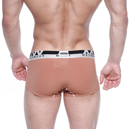 Tan modal seamless ribbed men’s briefs with a black and white branded waistband from MetroMaleWear brown 1123-23