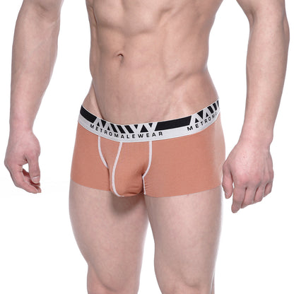 Tan ribbed modal seamless men’s briefs with a black and white metromalewear branded waistband front view