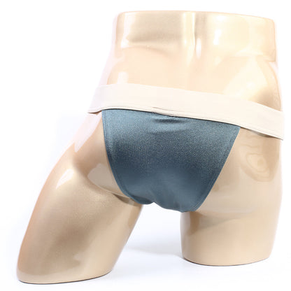 Dark teal satin briefs with a wide beige waistband from metromalewear cosmos bikini moss 1124-07 collection