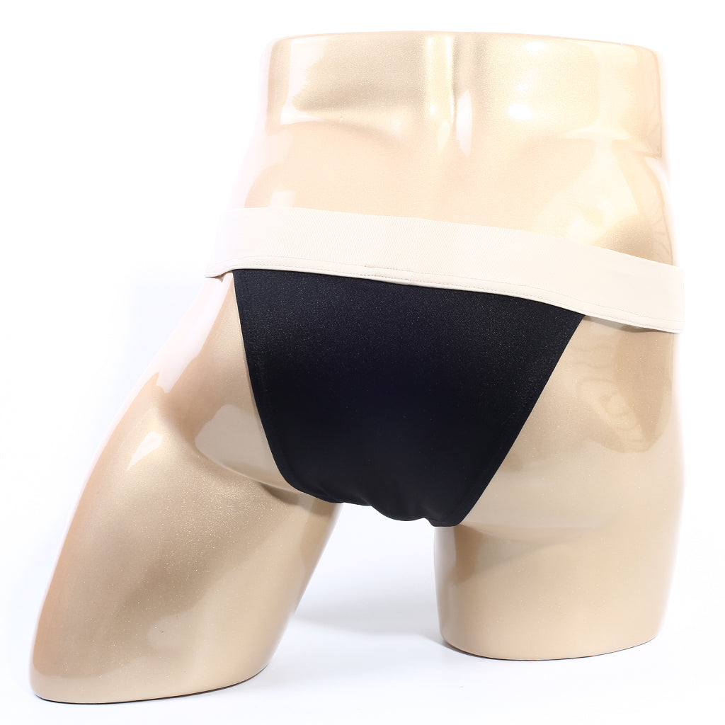 MetroMaleWear Cosmos bikini black satin briefs with wide beige waistband displayed on a mannequin front side