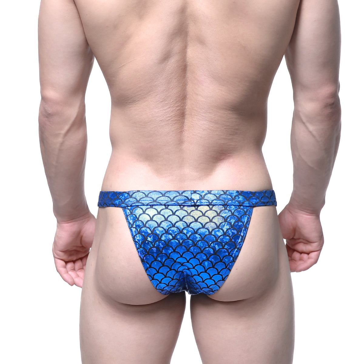 MetroMaleWear Brazilian bikini royal blue swim briefs with blue mermaid-scale pattern for stylish swimwear use