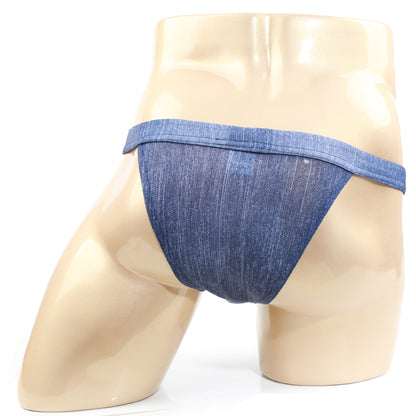 Blue denim-style briefs with textured faded finish metro malewear brazilian bikini denim 1124-62 front view