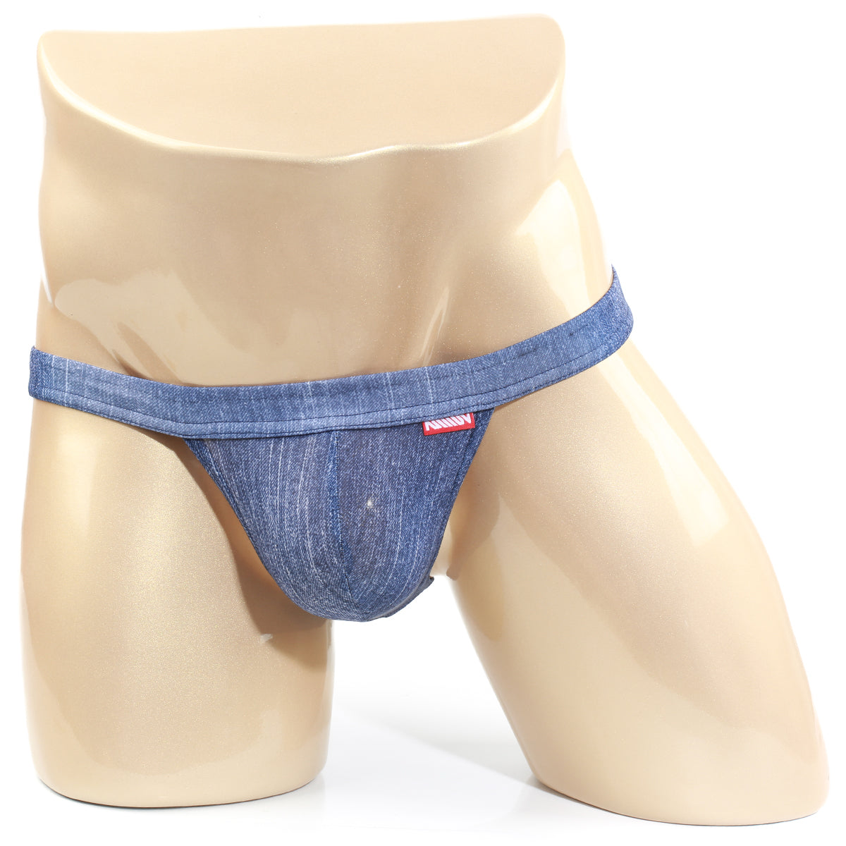 Blue denim thong with red brand tag on waistband metroMalewear brazilian bikini denim 1124-62 front view