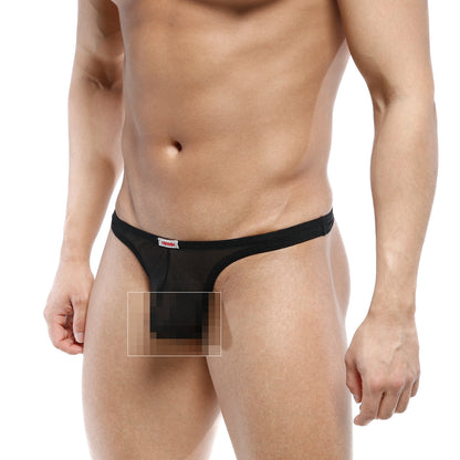 MetroMaleWear europa thong black mesh with narrow waistband and small red logo on the front