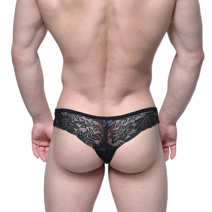 Metro male wear aragon thong black 1152-20 black lace thong with intricate floral patterns and sheer delicate design