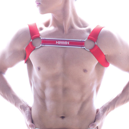 Red ashley brand harness with silver metal rings and white logo strip from metromalewear in red