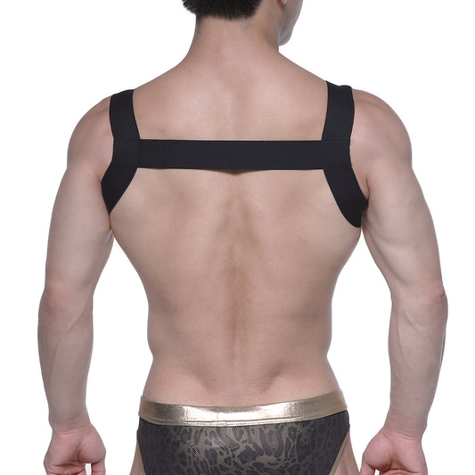 Back view of metro malewear logo harness black elastic strap harness with shoulder straps and central band