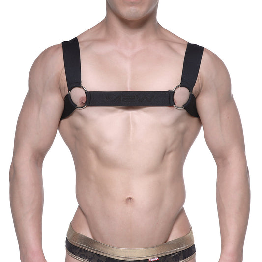 Black leather harness with metallic rings and central strap featuring MetroMaleWear brand logo in black 1200-20 design